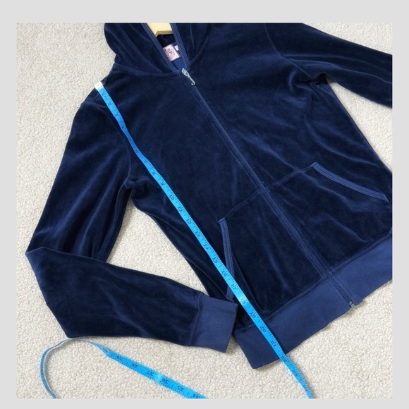 Juicy Couture Velour Hoodie Zip Up Juicy Embellished Logo On Back Navy Blue Sz L - Picture 8 of 11